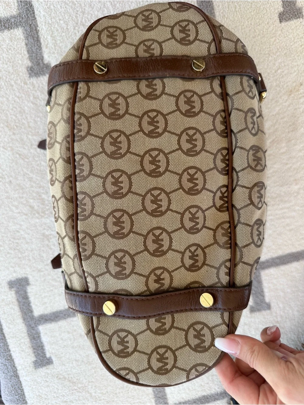 Michael Kors Beige and Brown MK Logo Satchel with Gold Hardware